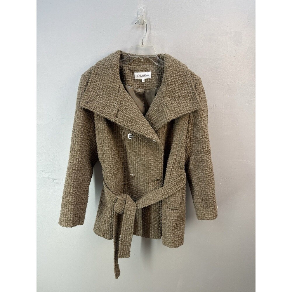 Women’s Calvin Klein Double Breasted Brown Wool Blend Belted Coat Size Small - Picture 2 of 16